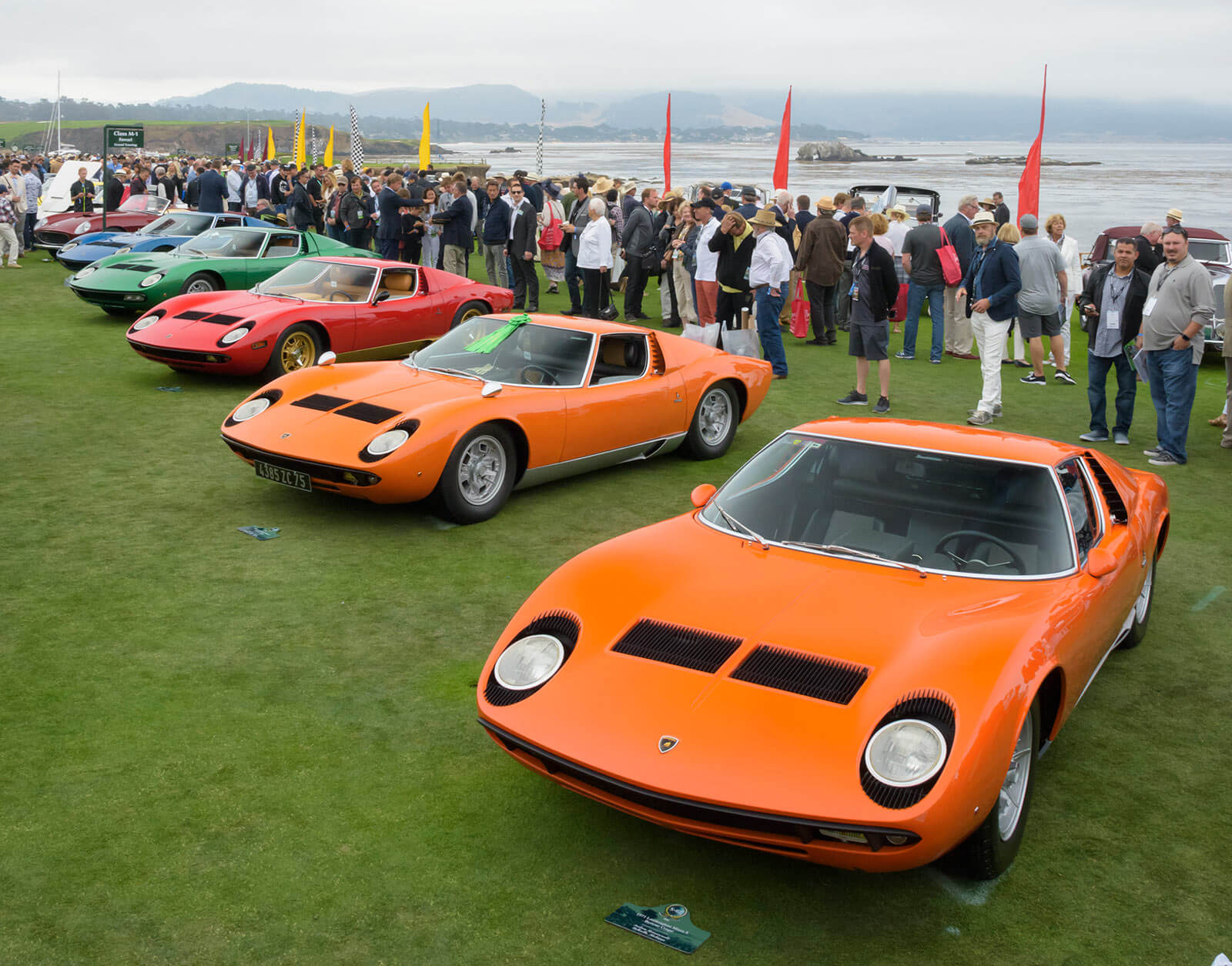 A row of Lamborghini Muiras on the Pebble Beach Concours show field.